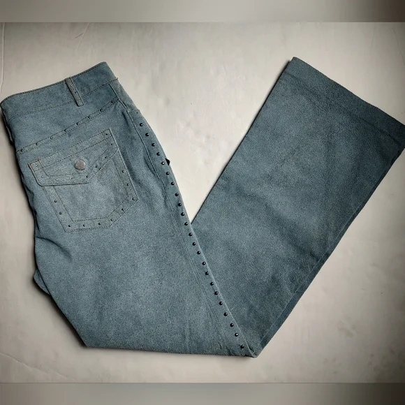 USA Bikers Dream Apparel Leather Blue Studded Pockets Boot Cut Pants Women's 14